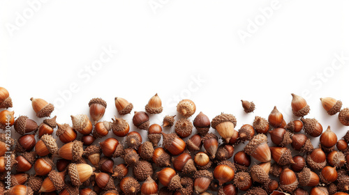 Acorns scattered on the bootom of a white background, perfect for autumn themes.
