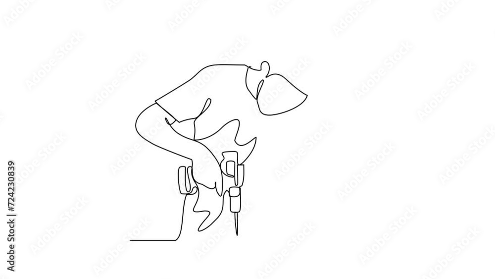 Animated self drawing of a site worker is drilling into wood in building project video illustration. Building construction site activity illustration simple linear style video design concept.