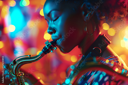 Woman saxophone player performing jazz music in a blues club against bokeh background. Female musician playing sax in neon glow. Jazz saxophonist lost in music amidst colorful lights photo