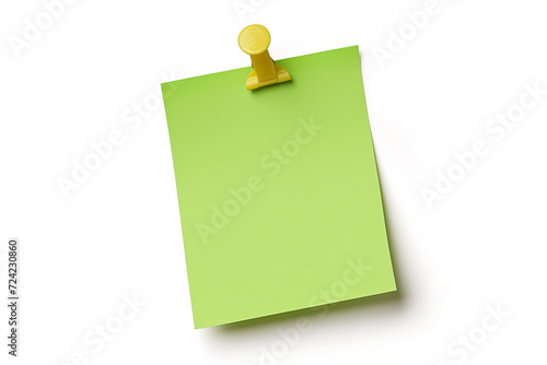 one Green colored sticky note pinned on a white background, Empty blank note paper stick on white board, pinned Reminder memo isolated on flat wall, Green color blank sheet paper on white background