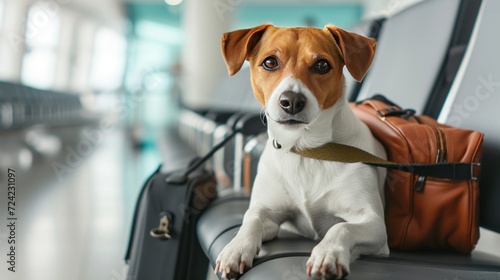 holiday holiday jack russell dog waiting in airport terminal ready to board plane or plane at side gate, luggage or bag