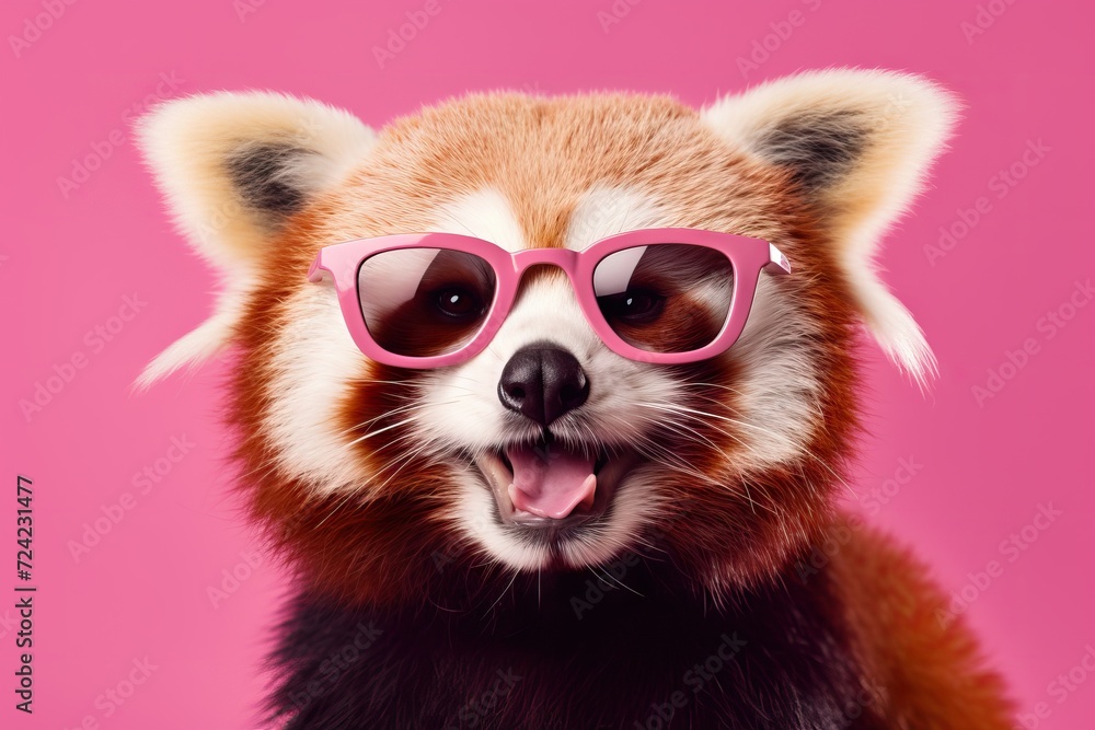 red panda in pink glasses portrait banner with a soft pink background Peach Fuzz