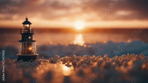 sunset over the lake lighthouse and the ocean is made of popcorn at sunset