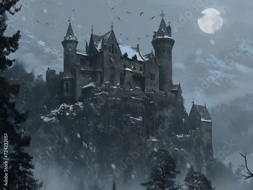 Majestic Gothic Castle On Cliff Edge Under Full Moon - Medieval Architecture, Romantic Fantasy & Mystery Concept, Historical Landmark at Night photo