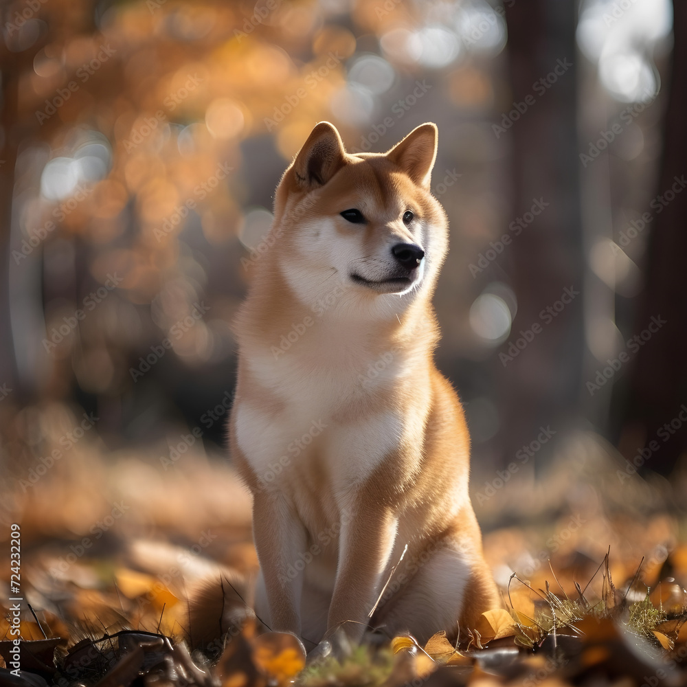 Graceful Shiba Inu Dog in Serene Autumn Scene, Noble and Attentive Expression - Concept of Tranquility, Loyalty, and Autumnal Peace for graphy Graceful Shiba Inu Dog in Serene Autumn Scene, Noble and Attentive Expression - Concept of Tranquility, Loyalty, and Autumnal Peace for graphy