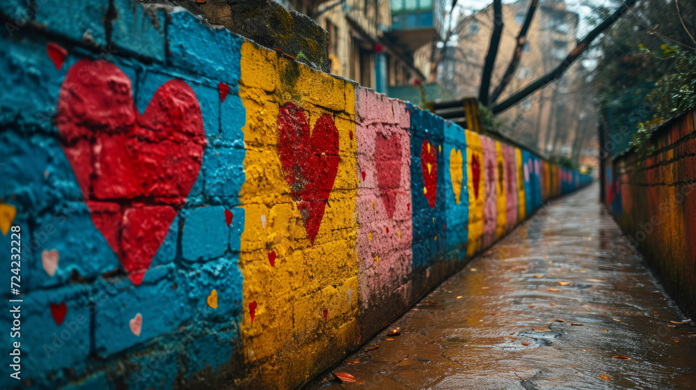 Fototapeta premium Row of Hearts on a Colorful Alleyway Wall