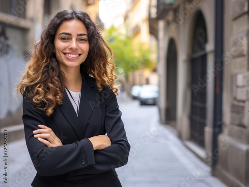 Portrait of a young happy pretty smiling professional business woman, happy confident positive female entrepreneur standing outdoor on street arms crossed, looking at camera