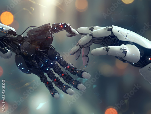 Futuristic Creation of Adam Concept: Black Industrial Robotic Hand Meeting Sleek White Humanoid Robot Hand with Red and Blue Accents, Symbolizing Technological Advancement and AI-Human Collaboration