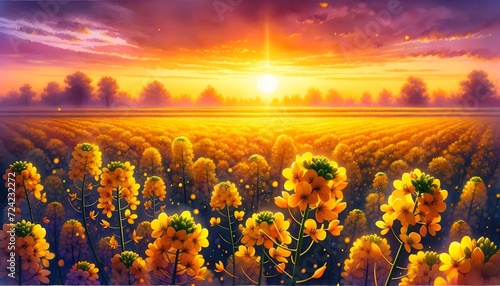 Watercolor painting of beautiful yellow mustard fields at sunset.