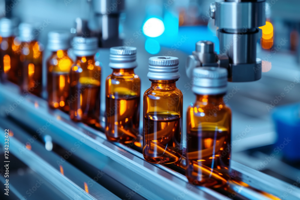 An industrial scene within a pharmaceutical factory, showcasing the production line with pharmaceutical glass bottles and machinery in motion. An industrial scene within a pharmaceutical factory, showcasing the production line with pharmaceutical glass bottles and machinery in motion.