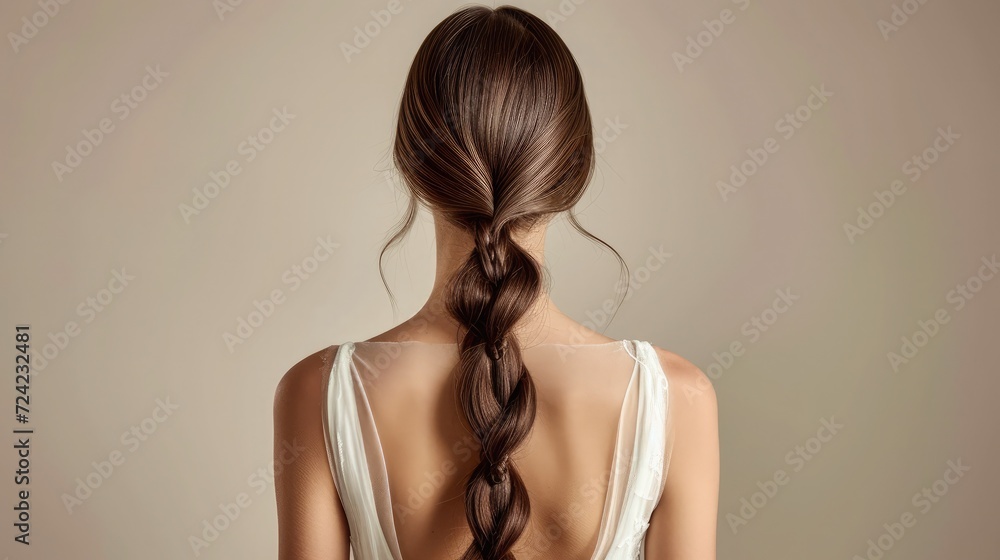 Beautiful Young Woman with Long Healthy and Shiny Smooth Hair. Bride with Hairstyle Low Ponytail, Back View - obrazy, fototapety, plakaty 