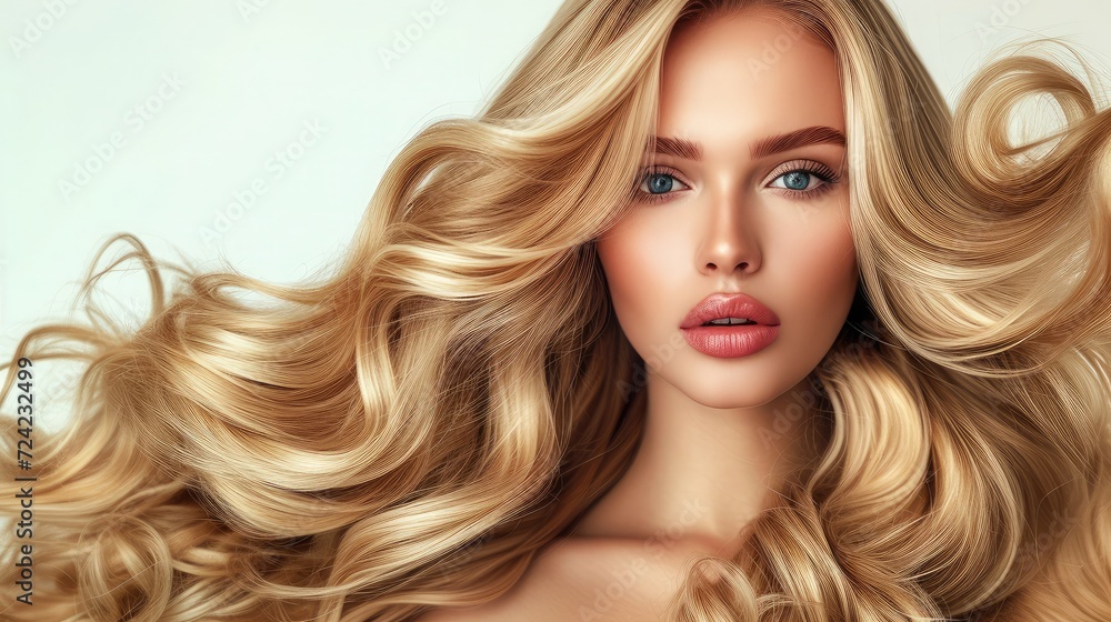 Beauty blonde girl with long and shiny wavy hair . Beautiful woman model with curly hairstyle . Fashion, cosmetics and makeup Beauty blonde girl with long and shiny wavy hair . Beautiful woman model with curly hairstyle . Fashion, cosmetics and makeup
