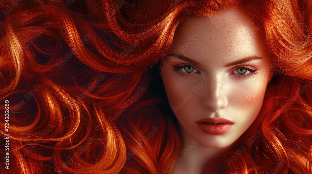 Beauty redhead girl with long and shiny wavy red hair . Beautiful woman model with curly hairstyle .