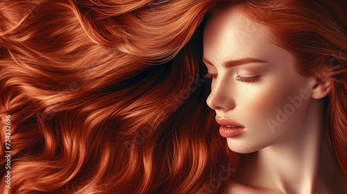 Beauty redhead girl with long and shiny wavy red hair . Beautiful woman model with curly hairstyle .