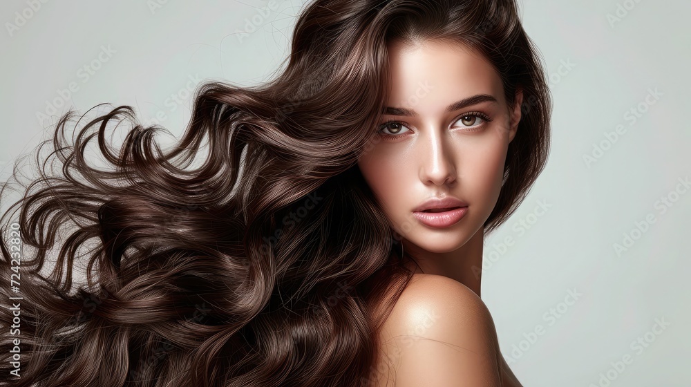 Naklejka premium Brunette girl with long and shiny curly hair . Beautiful model woman with wavy hairstyle
