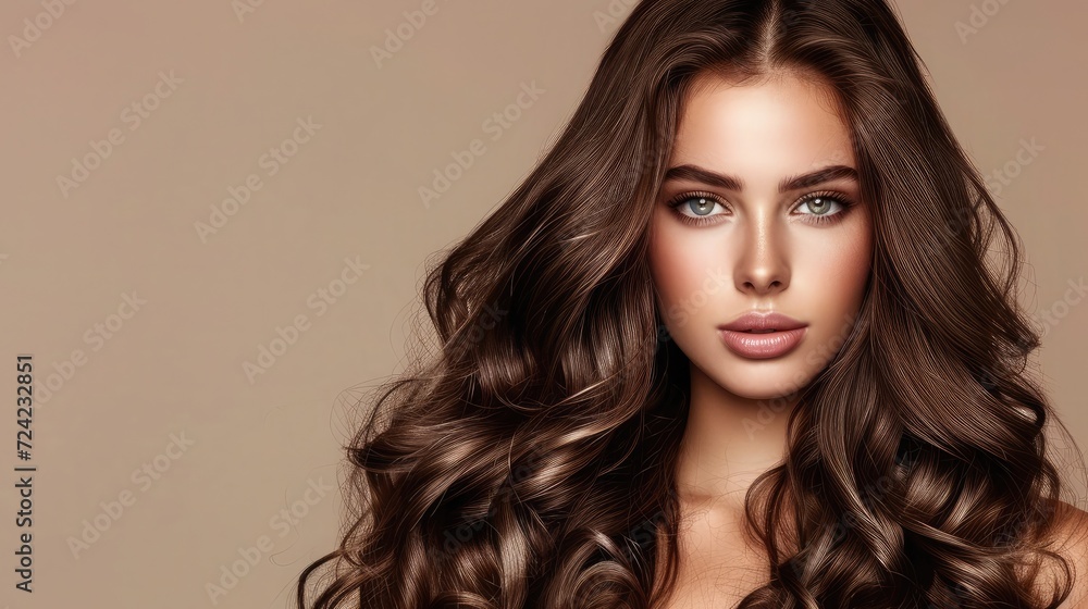 Fototapeta premium Brunette girl with long and shiny curly hair . Beautiful model woman with wavy hairstyle