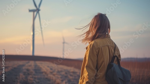 Woman with hand in pocket looking at wind turbine 