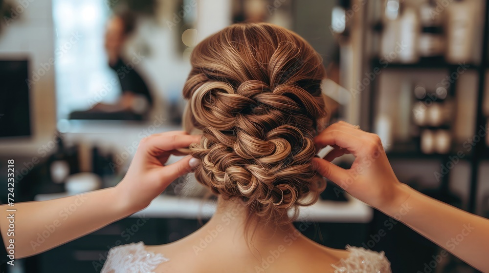 Fototapeta premium Professional stylist making wedding hairstyle for bride in salon, back view