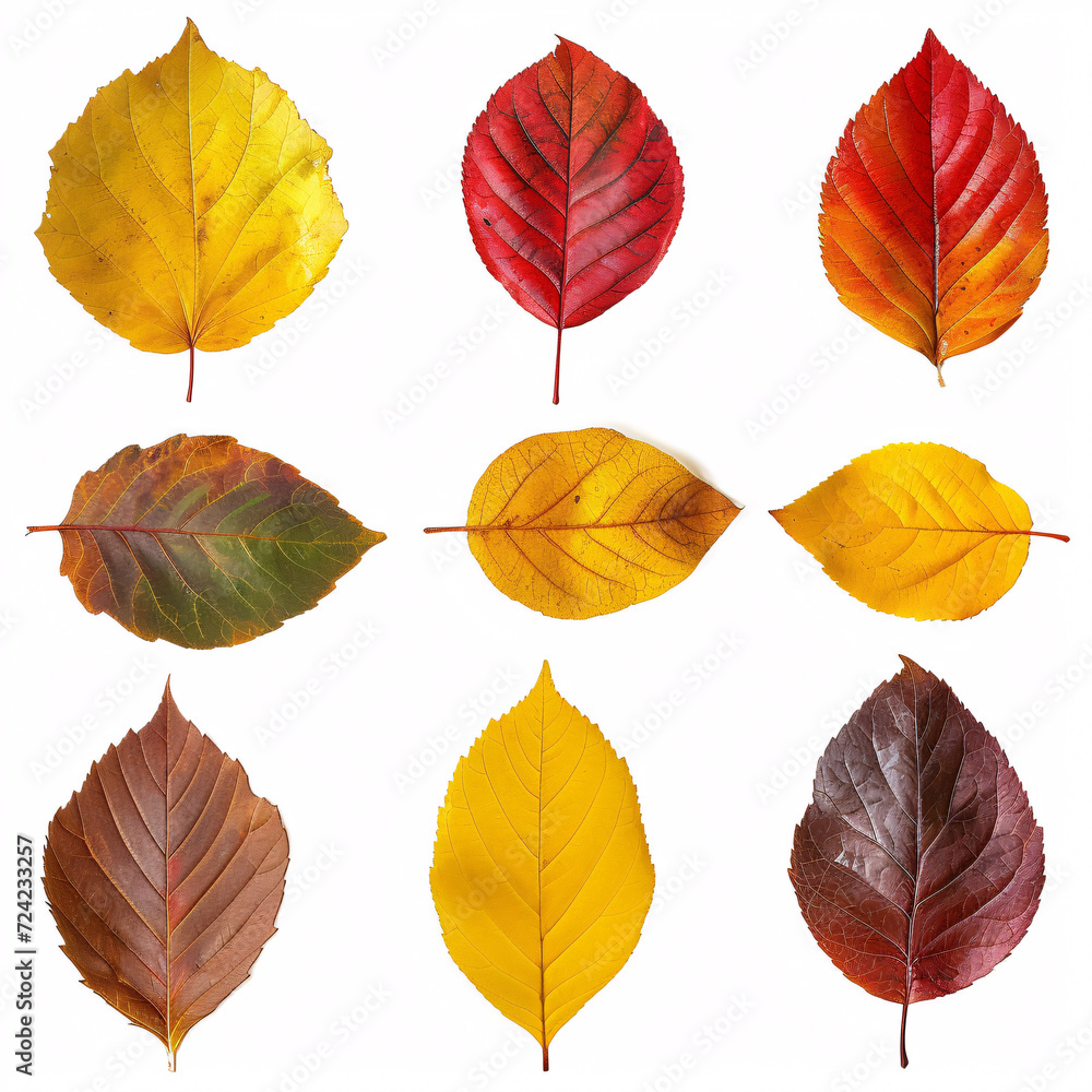 Fototapeta premium Autumnal Mosaic: A Collection of Vibrant Fall Leaves in a Spectrum of Colors, isolated on white background with full depth of field and deep focus fusion 