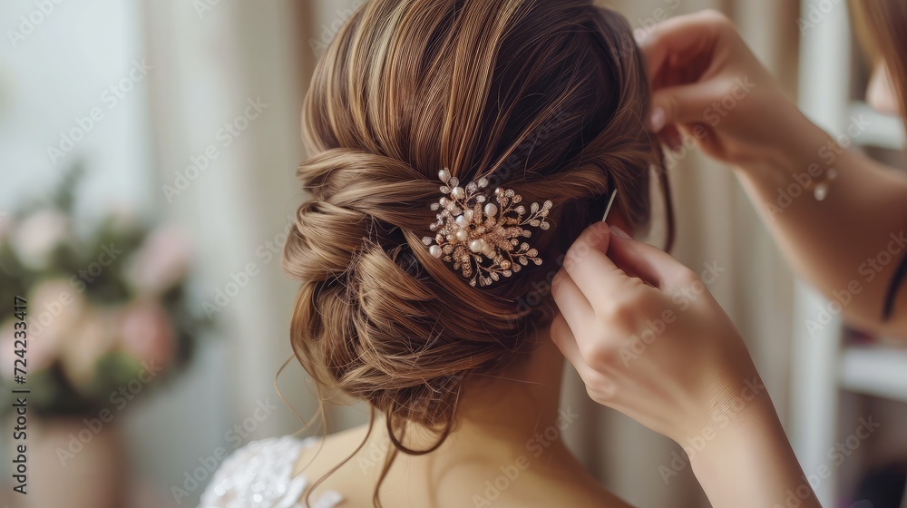 The morning of the bride. Girl makes a stylish hairstyle, a friend helps the bride, a beautiful hair ornament, preparation for a party, close-up hairstyle