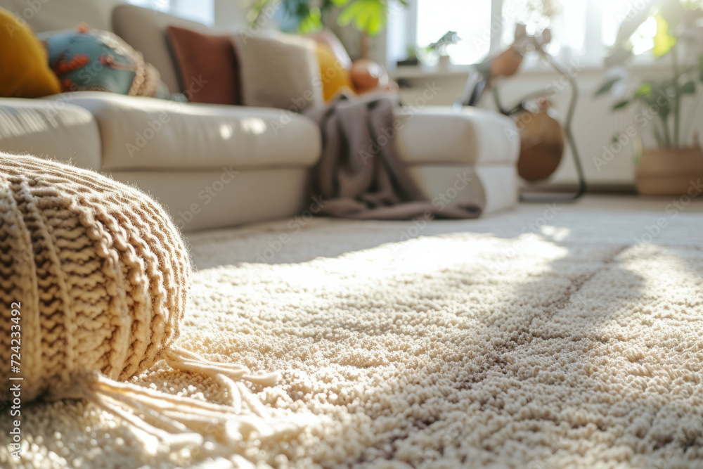 Living room interior with stylish furniture, focus on soft carpet. Generative AI