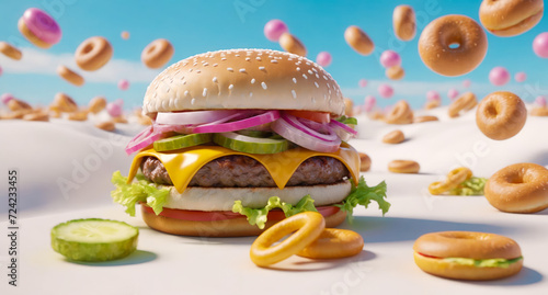 An AI generated image with a vibrant juicy burger surrounded by floating donuts