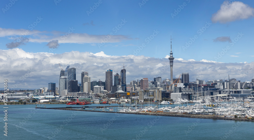 Skyline Auckland with Skytower and bay New Zealand. City. Seen from the Auckland Harbour bridge.