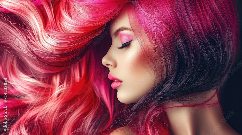 Beautiful model girl with elegant multi colored hairstyle . Stylish Woman with fashion hair color highlighting. Creative red and pink roots , trendy coloring. Beautiful model girl with elegant multi colored hairstyle . Stylish Woman with fashion hair color highlighting. Creative red and pink roots , trendy coloring.