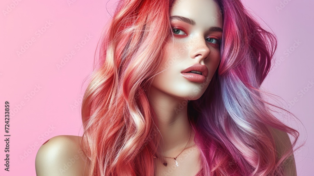 Naklejka premium Beautiful model girl with elegant multi colored hairstyle . Stylish Woman with fashion hair color highlighting. Creative red and pink roots , trendy coloring.