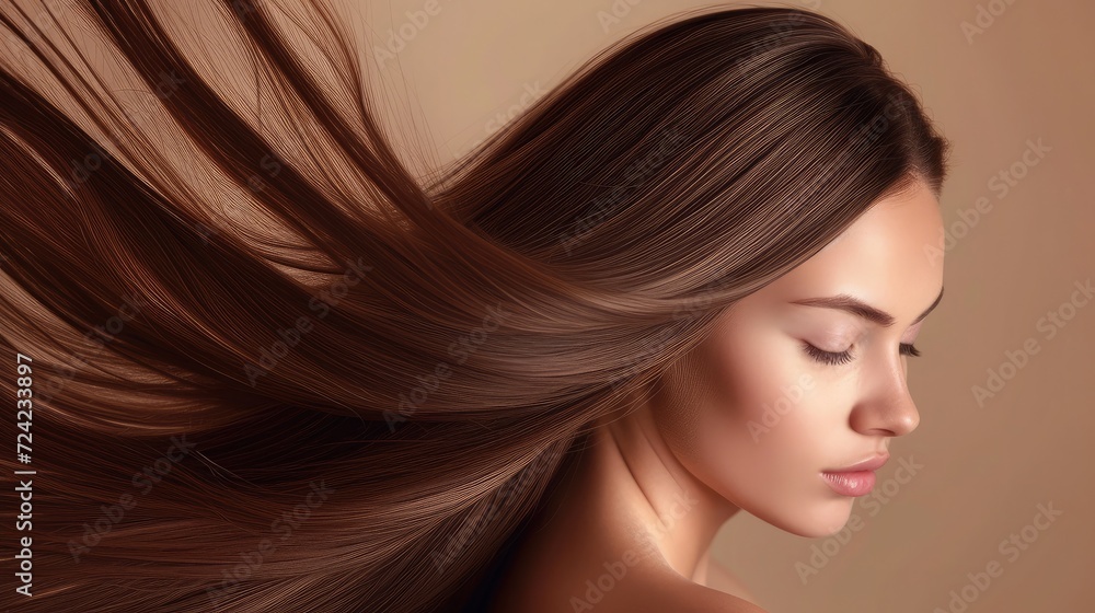 Fototapeta premium Beautiful model girl with shiny brown and straight long hair . Keratin straightening . Treatment, care and spa procedures. Smooth hairstyle