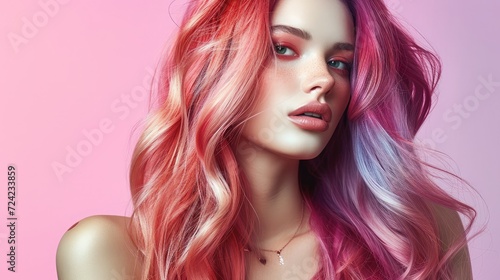 Beautiful model girl with elegant multi colored hairstyle . Stylish Woman with fashion hair color highlighting. Creative red and pink roots , trendy coloring.