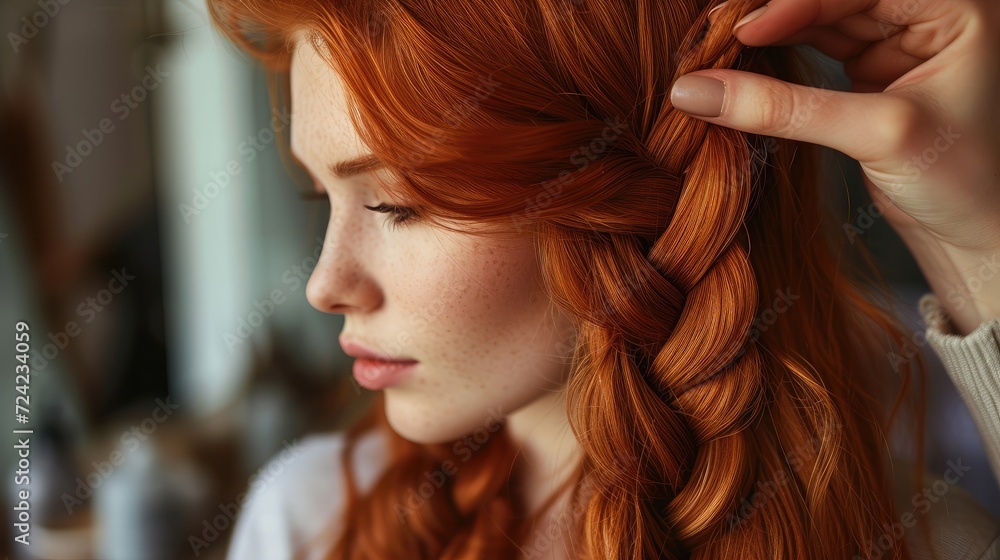 Naklejka premium Beautiful, red-haired girl with long hair, hairdresser weaves a French braid, in a beauty salon. Professional hair care and creating hairstyles.