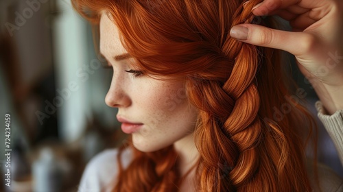 Beautiful, red-haired girl with long hair, hairdresser weaves a French braid, in a beauty salon. Professional hair care and creating hairstyles.