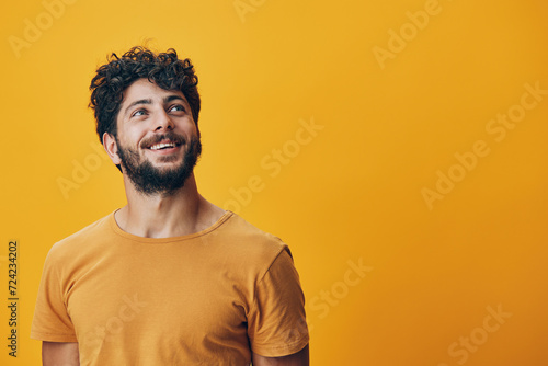 Man person studio guy young happy face confident portrait positive adult background look yellow expression photo