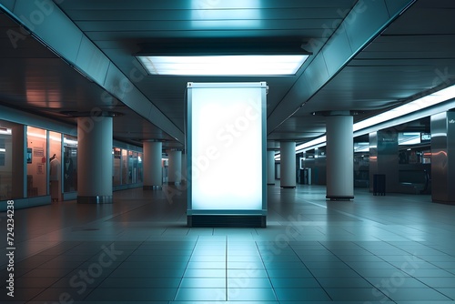 roll up mockup poster stand in an shopping center restaurant mall environment as poster stand banner design photo
