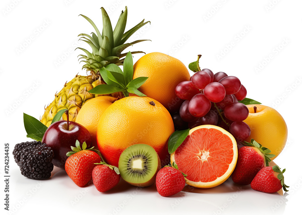 A vibrant and colorful assortment of fresh fruits including strawberries, oranges, apples, raspberries, and blueberries, isolated on a clean white background.