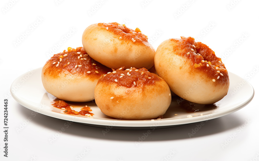A close-up view of three golden fried dessert balls, garnished with sesame seeds and mint leaves, drizzled with a sweet sauce, served on a white plate. A close-up view of three golden fried dessert balls, garnished with sesame seeds and mint leaves, drizzled with a sweet sauce, served on a white plate.