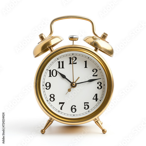 A close-up shot of a classic golden alarm clock with a timeless design, showing the time on an analog dial. The clock is isolated on a white background, creating a contrast between the monochrome tone