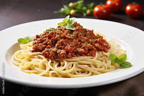 A delicious serving of classic spaghetti bolognese, garnished with fresh basil leaves. The pasta is perfectly cooked and topped with a generous portion of rich, meaty sauce, presented on a white plate