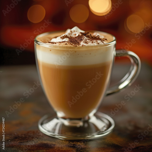 A close-up image capturing the rich texture and layers of a gourmet cappuccino topped with whipped cream and a sprinkle of cinnamon, served in an elegant glass mug.