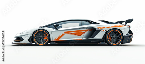 A side view of a sleek, modern supercar with sharp lines and orange accents, showcasing its aerodynamic design and luxury appeal