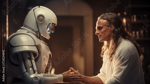 Kind mature man comforting a humanoid robot. Psychotherapy of the future. Connection between human and cyborg.