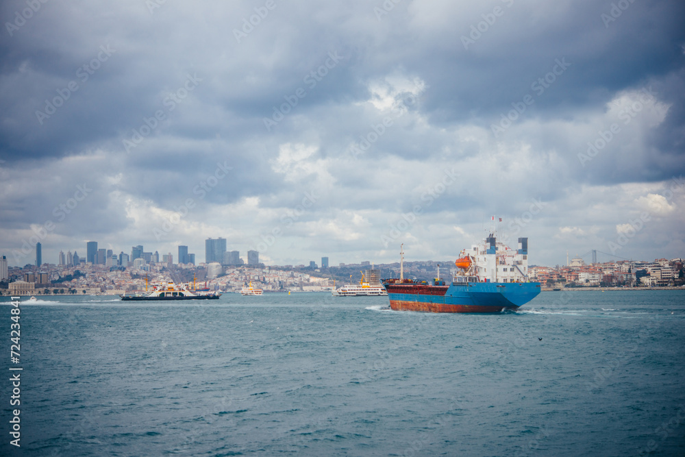 Cargo ships move along Bosphorus in Istanbul, Turkey.