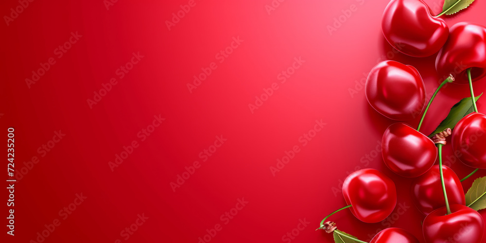 Fototapeta premium Cherry red banner with a cherry on the side with space for copy space.