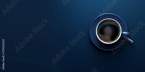 Midnight blue banner showcasing a hot coffee cup on the side, with room for your text.