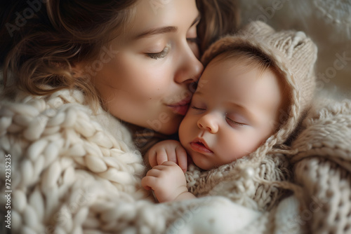 A heartwarming portrait of a mother kissing her newborn baby, conveying love and tenderness. Perfect for Mother's Day or family-related content.