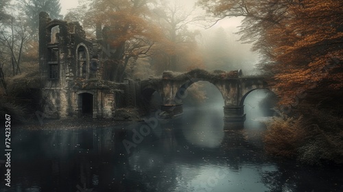 Dark abandoned house with bridges and fog in high resolution and quality. abandoned houses concept