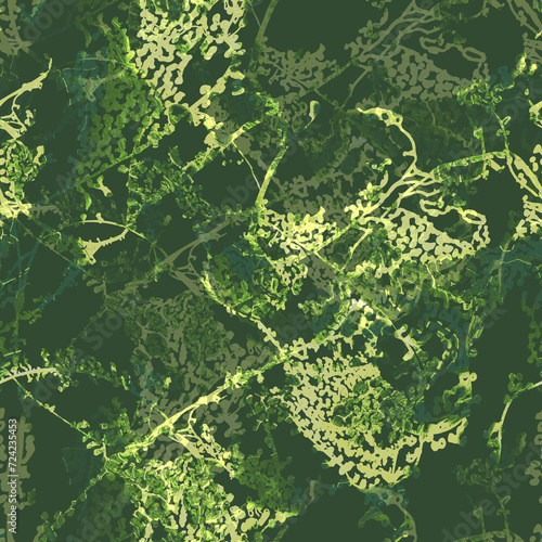 Forest biome ecosystem abstract seamless texture in calm green halftones. Nature pattern for textile, wallpaper, wall panel, bedding, outhwear, organic package. High quality illustration