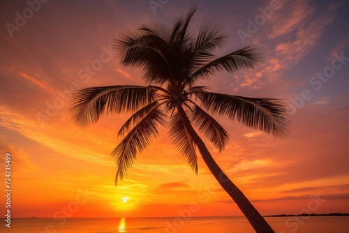 Palm tree silhouetted against a vibrant sunset sky, catching the warm hues of the fading sun