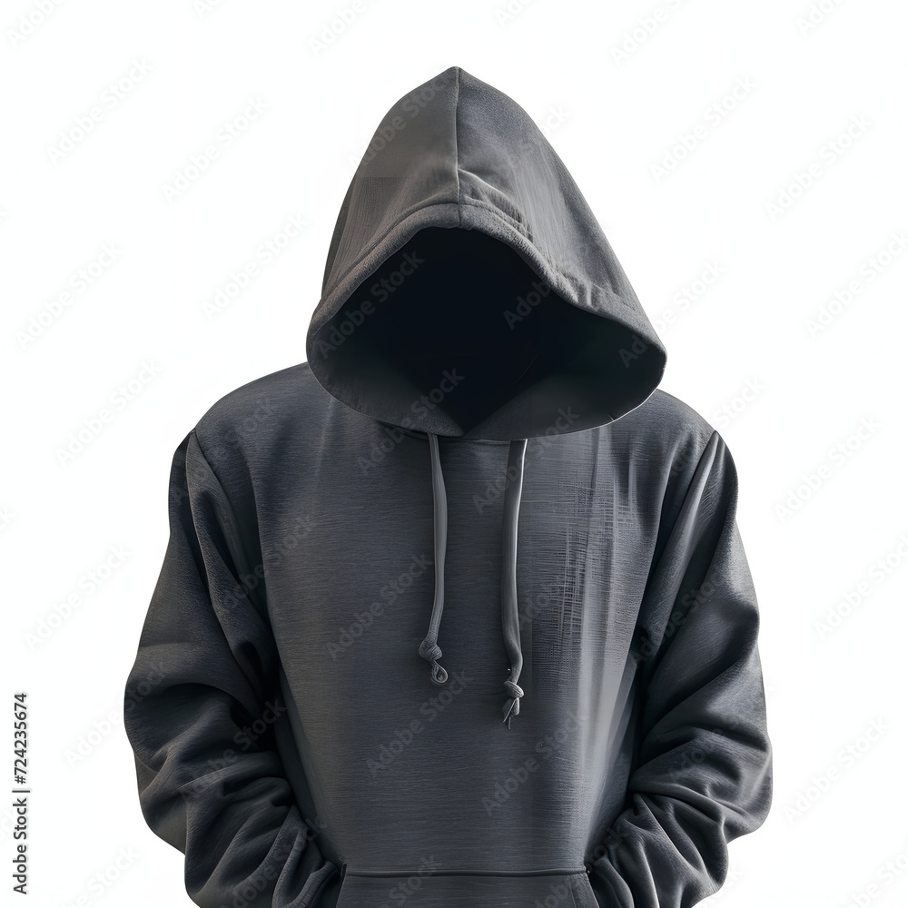 Hacker wearing a hooded sweatshirt isolated on white background, minimalism, png

